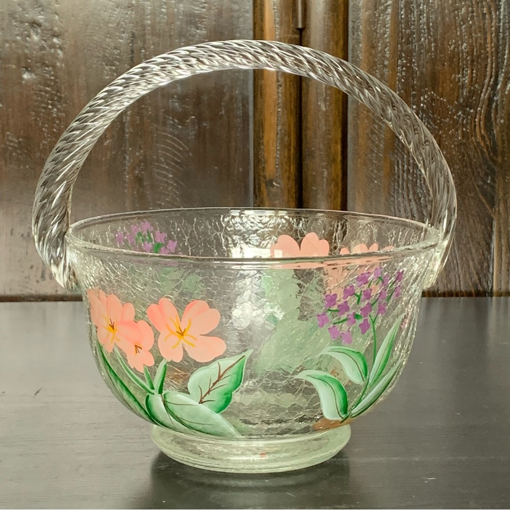 Vintage Hand Painted Floral Crackle Glass Basket
